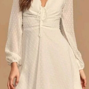 Lulus Wine and Dine White Swiss Dot Long Sleeve Skater Dress Size xs NWT